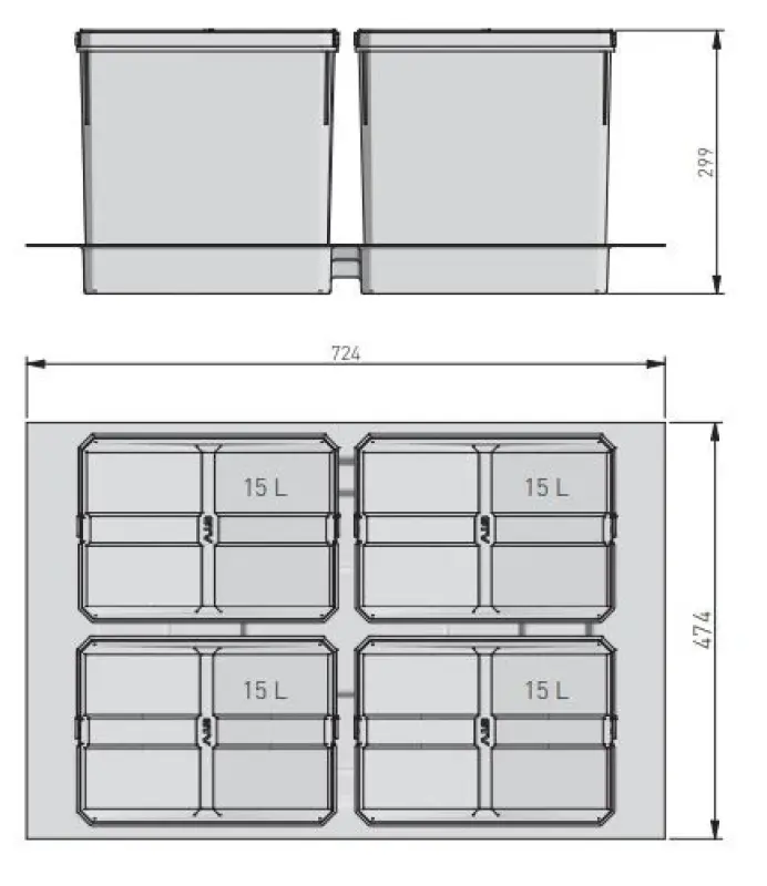 Garbi Basket B-80-4-G Abfallsortiersystem für Schublade 80cm inkl. Halterung und 4 x 15-Liter-Abfallbehälter 1208957478