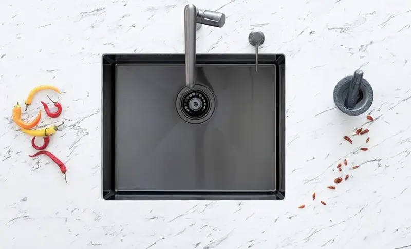 Aquadesign Spüle Gun Metal Edelstahlspüle Anthrazit PVD 50x40, Unterbau, flächenbündig und Oberflächen-Einbau 1208957702