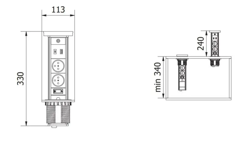 Indux Lift versenkbare Steckdose in der Arbeitsplatte weiß mit Beleuchtung, Stift-Erdung Typ E, 2 x USB und kabellosem Laden 1208957837