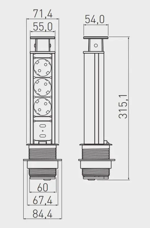 Indux Up & Down enge versenkbare Küchensteckdose Silber in Arbeitsplatte, Stift-Erdung Typ E, mit 3 Steckdosen und 2 x USB 1208957842
