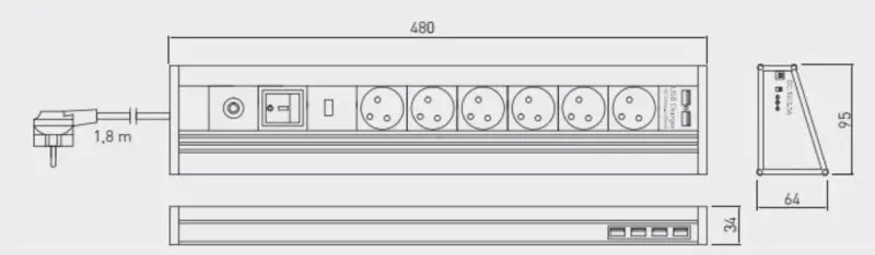 Indux Eck- und freistehend Steckdose Aluminium, Erdung Typ F, mit 6 Steckdosen und 6 USB 1208957851