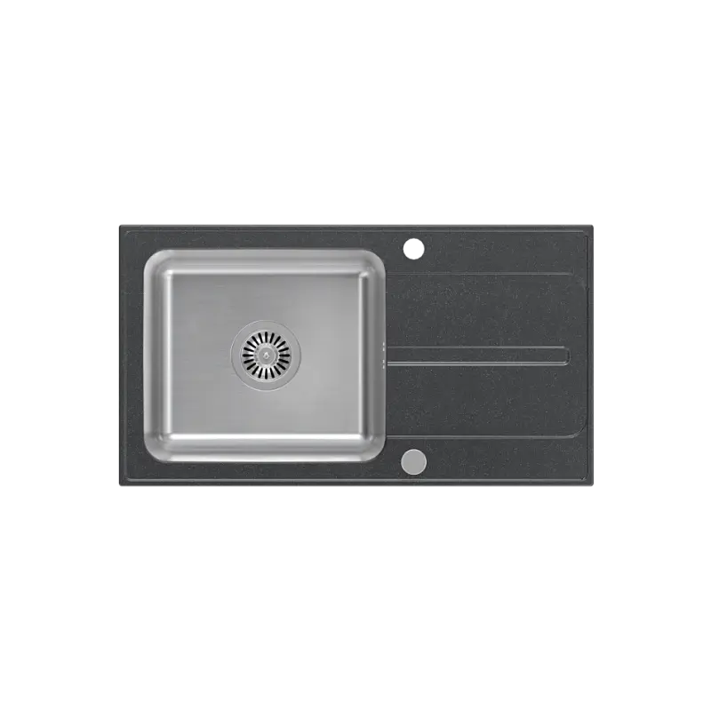 Quadri Fusion Edelstahl-Spüle mit schwarz gepunkteter Abtropffläche aus Granit 78x43, reversibel, Oberflächen-Einbau 1208957879
