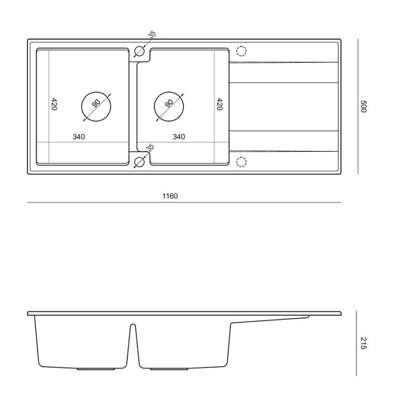 Quadri Luton Doppelspüle aus Granit, Schwarz mit Abtropffläche 116x50, Oberflächen-Einbau 1208957883