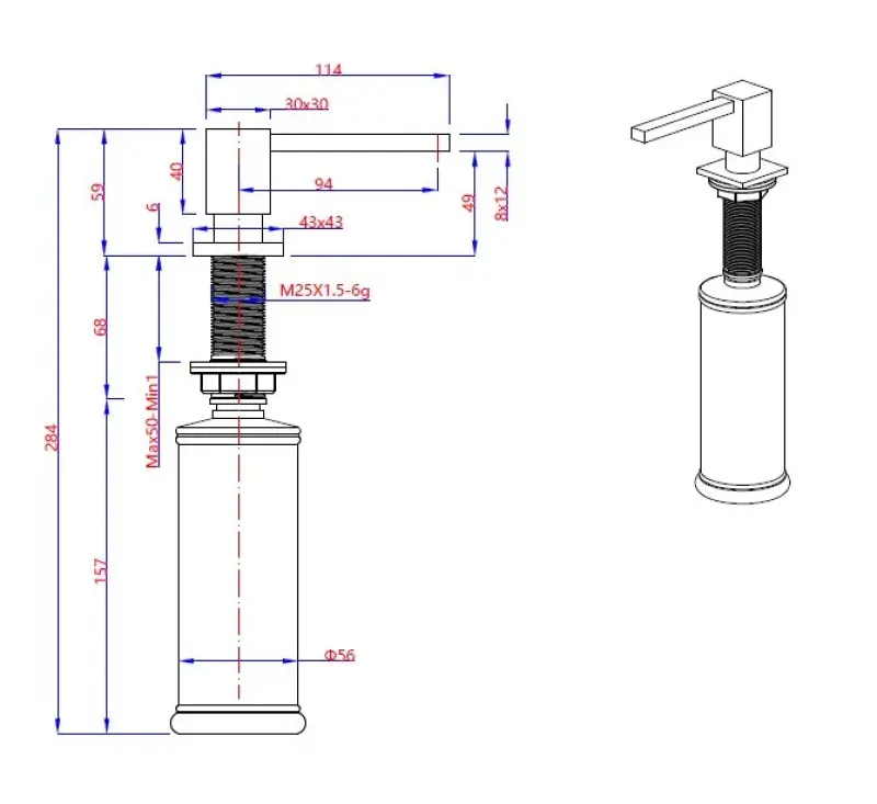 Quadri Tenby quadratisch Einbau-Seifenspender PVD Gun Metal von oben nachfüllbar 1208957892