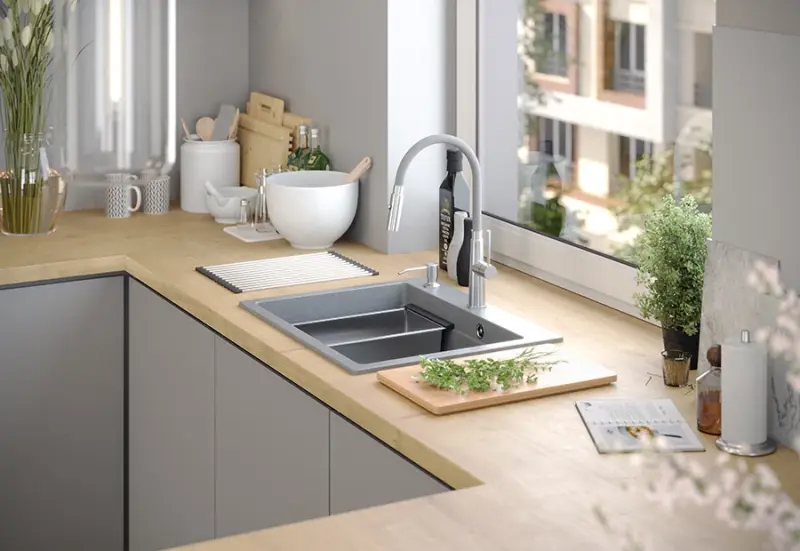 Quadri Durham weißer Granitaufbau-Spülbecken 595x500 mit Seifenspender, Schneidebrett, Rollmatte, Einsatzbecken und Rollmatte 1208957903