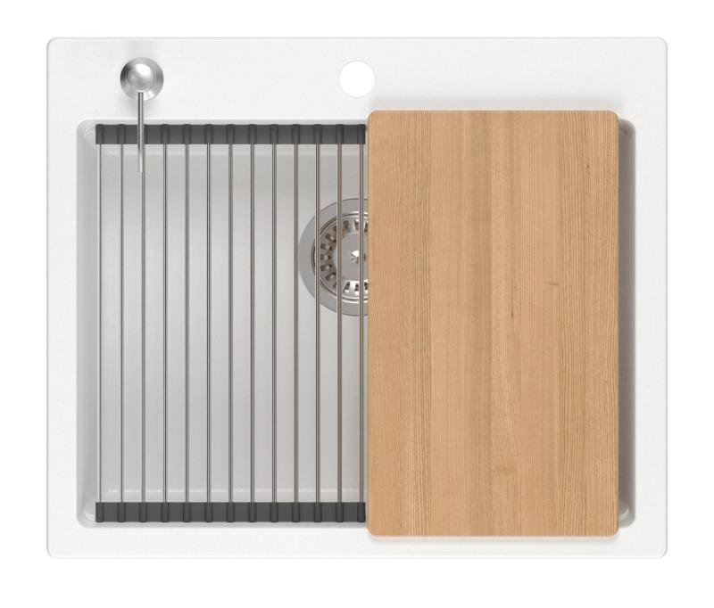 Quadri Durham weißer Granitaufbau-Spülbecken 595x500 mit Seifenspender, Schneidebrett, Rollmatte, Einsatzbecken und Rollmatte 1208957903