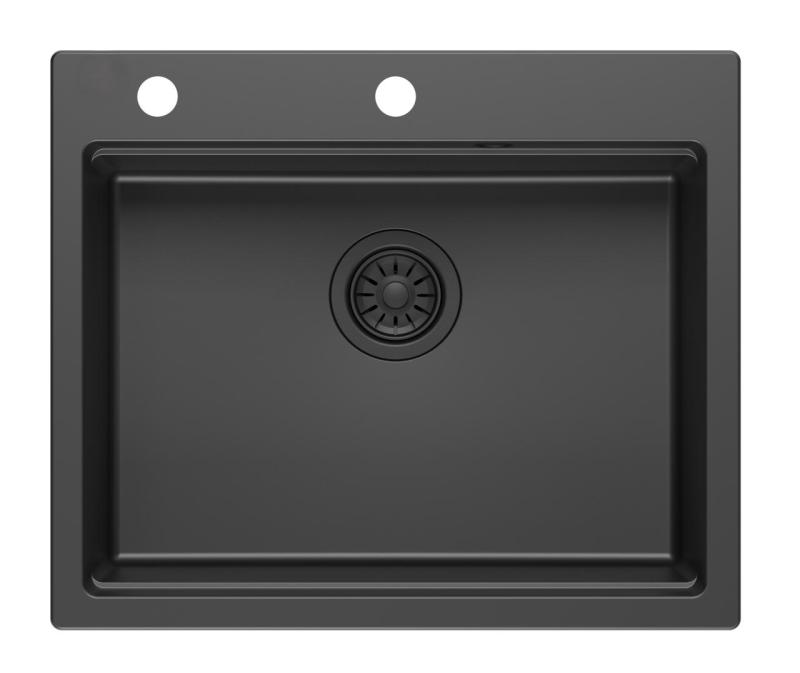 Quadri Durham schwarzer Granit-Aufsatzspüle 595x500 mit Seifenspender, Schneidebrett, Einlegebecken und Rollmatte 1208957904
