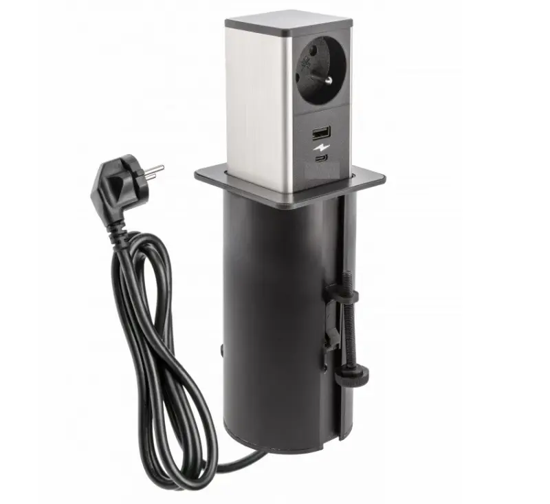 Indux Push ausziehbare schwarze Steckdose Stift-Erdung Typ E, mit 1xUSB A und 1xUSB C mit Edelstahlabdeckung 1208957928