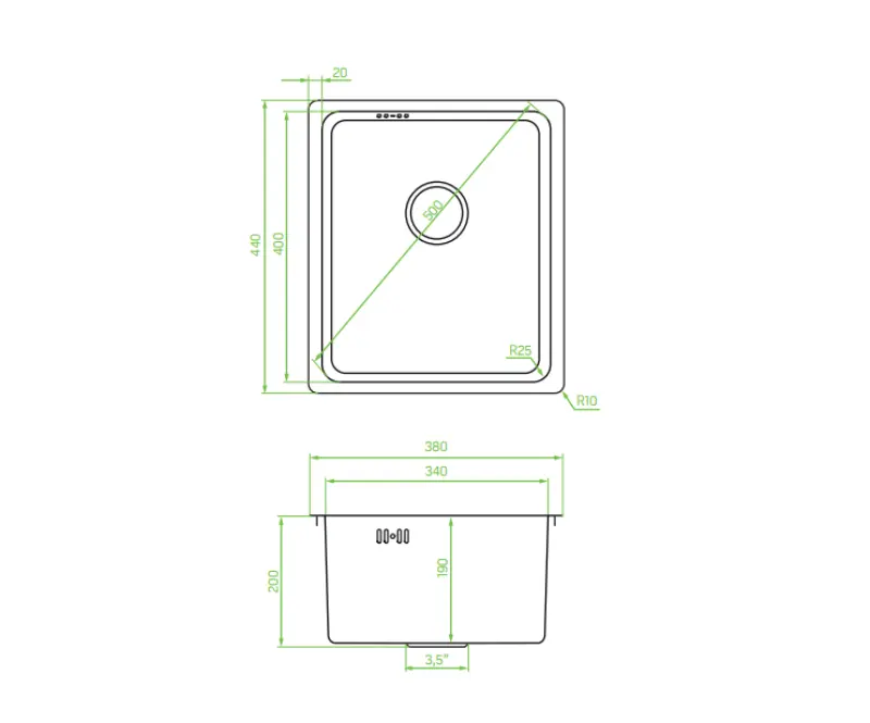 Aquadesign R25 Stahlaufsatz, Unterbau und flächenbündiger Einbau Spülbecken Edelstahl 34x40cm 1208958201