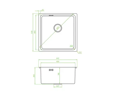 Aquadesign R25 Stahlaufsatz, Unterbau und flächenbündiger Einbau Spülbecken Edelstahl 40x40cm 1208958206