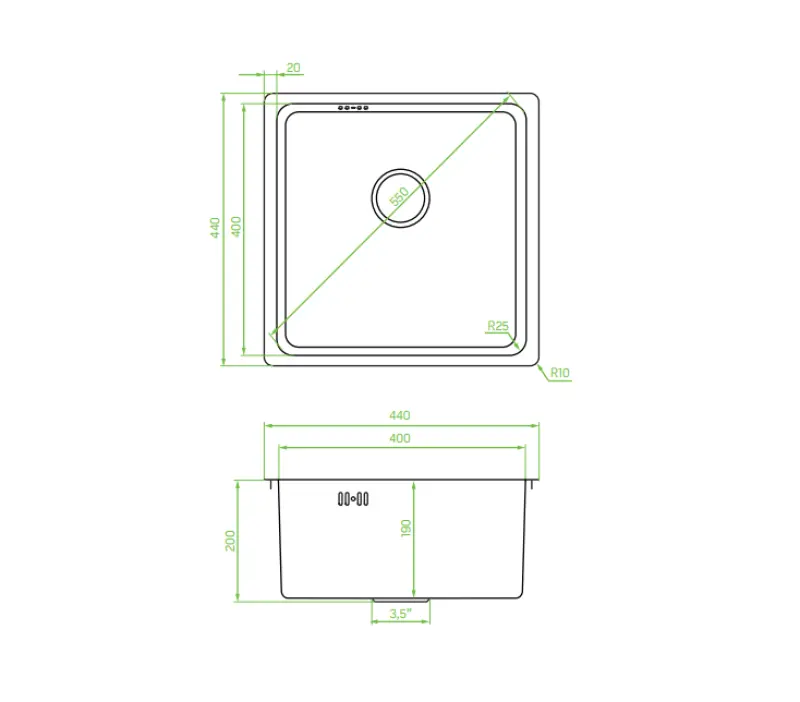 Aquadesign R25 Edelstahl-Spüle, als Aufsatz, Unterbau und flächenbündig montierbar, Gun Metal, 40x40cm, 1208958207