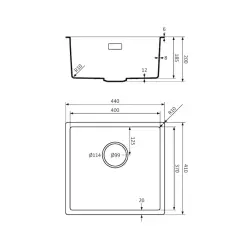 Lorreine BQ Serie 44x41cm Unterbauspüle, Schwarz mit Edelstahlstopfen 40BQ37-FU-INOX