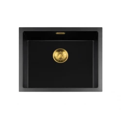 Lorreine Spülbecken Serie BQ 55x45cm aufliegende Montage, Schwarz mit goldenem Stopfen 50BQ-T-GOLD