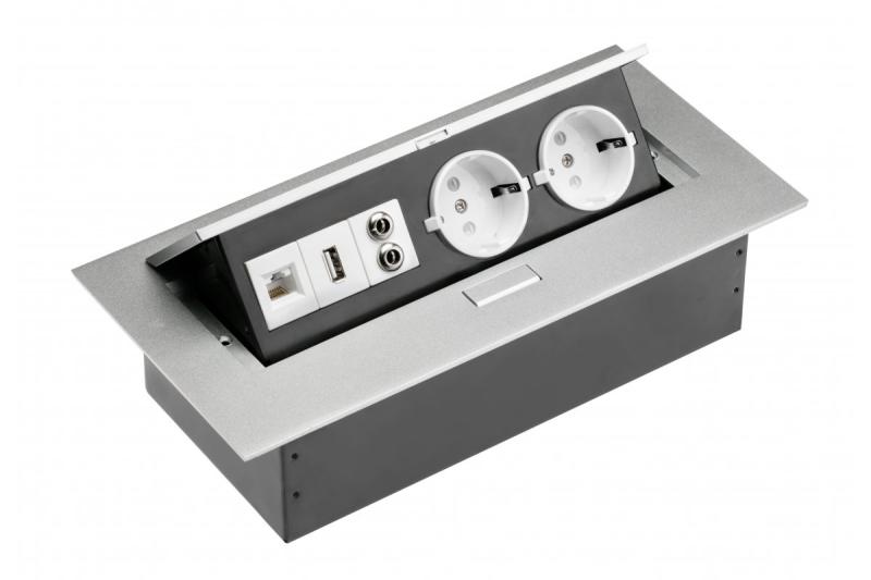 Desktop-Verlängerungskabel 2x Schuko-Steckdose, USB-Steckdose, Audio (Bananenstecker), RJ45-Steckdose (Ethernet), ohne Kabel, Alu 1208958663