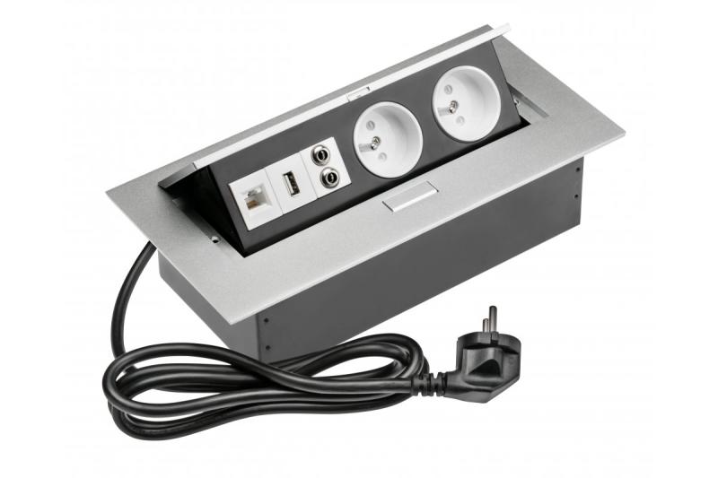 Tischverlängerungskabel 2x Steckdose mit Erdung, USB, Audio (Bananenstecker), RJ45, Netzkabel mit Stecker, Alu 1208958677