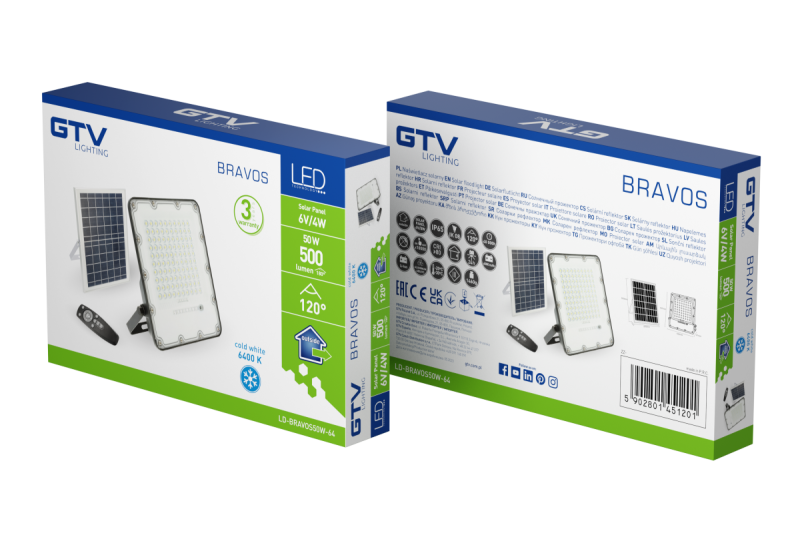 Solar LED Flutlicht BRAVOS, 50W, 500lm, 6400K, IP65, 120°, Solarpanel, Fernbedienung, 3y 1208962684
