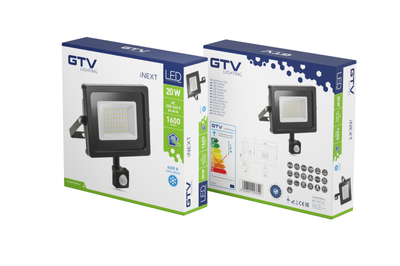 LED-Flutlicht iNEXT mit Bewegungssensor 20 W 1600 lm, PF>0,9, RA>80, IP65, 120°, 6400 K, schwarzes Gehäuse 1208962859