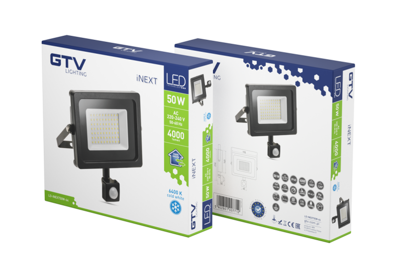 LED-Flutlicht iNEXT mit Bewegungssensor 50W 4000lm, PF>0,9, RA>80, IP65, 120°, 6400K, schwarzer Körper 1208962862