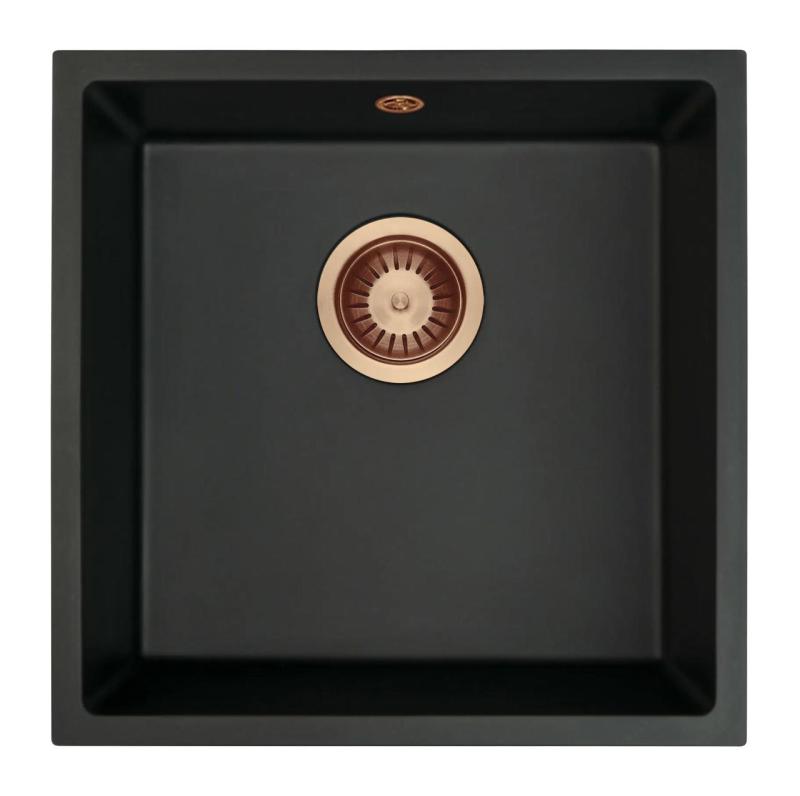 GraniteMy Universal-Granitspülbecken Schwarz 40x40 cm, Aufliegend, Unterbau und flächenbündig, mit Kupferstopfen 1208967114