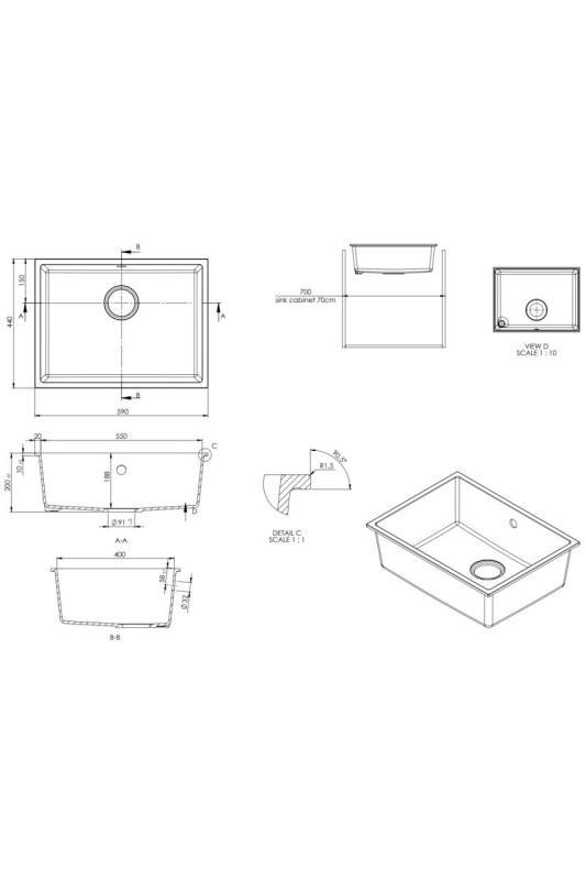 GraniteMy Universal Granit-Weiße Spüle 55x40 cm Weiß Einbau, Unterbau und Flächenbündig mit Weißem Stopfen 1208967153