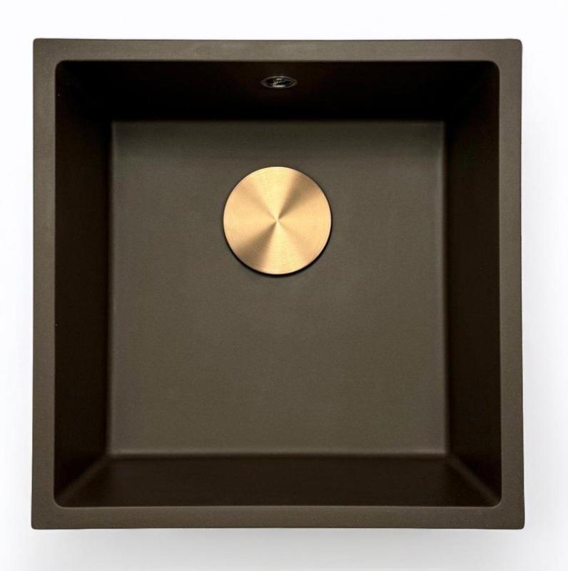 GraniteMy Universal Granit-Spülbecken 40x40 cm, Café, Aufliegend, flächenbündig und Unterbau, mit Edelstahlstecker 1208967212