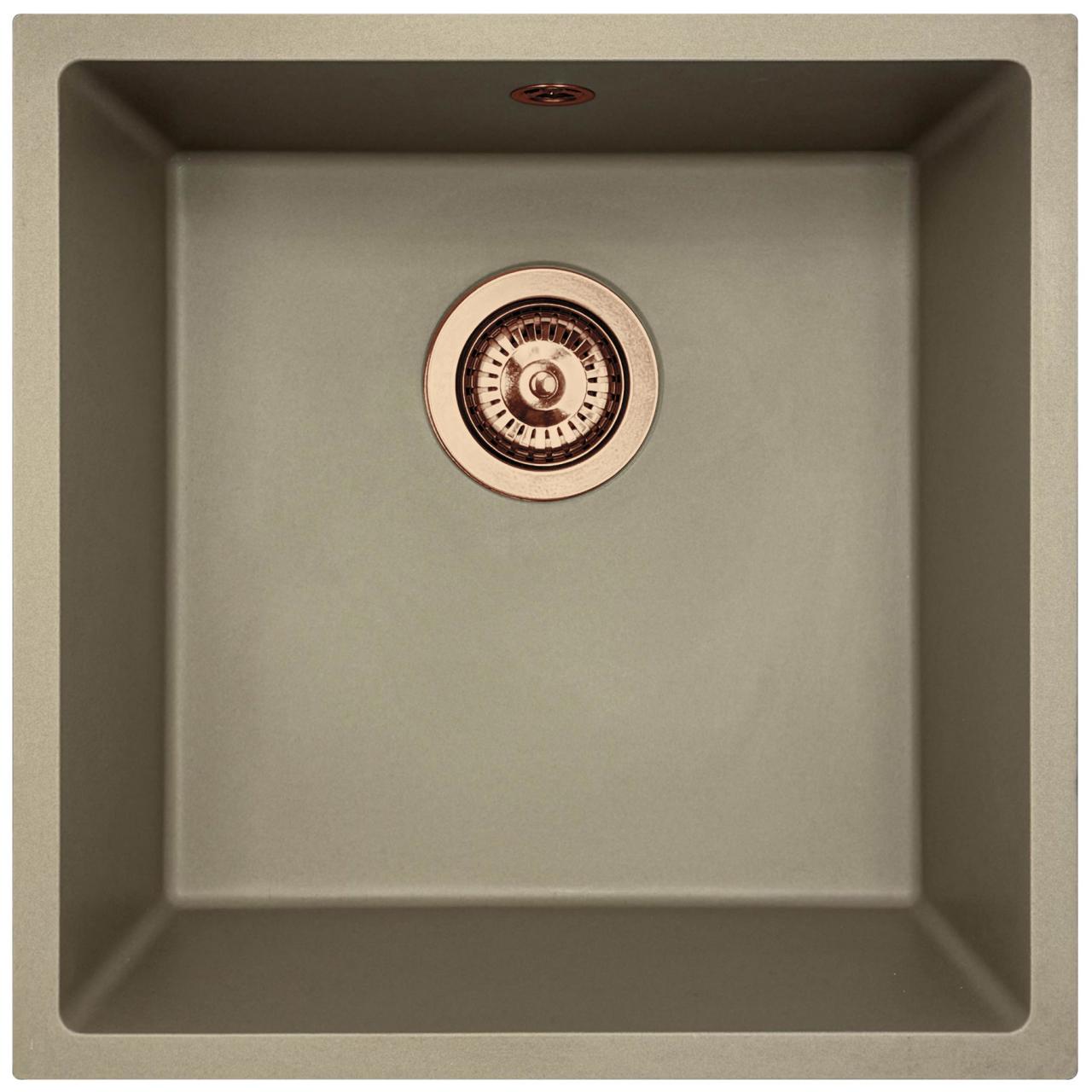 GraniteMy Universal Granit-Spülbecken 40x40 cm, Taupe,  Aufliegenbd, flächenbündig und Unterbau, mit Kupferstecker 1208967214
