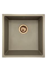 GraniteMy Universal Granit-Spülbecken 40x40 cm, Taupe,  Aufliegenbd, flächenbündig und Unterbau, mit Kupferstecker 1208967214