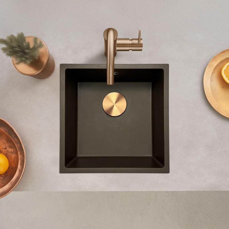 GraniteMy Universal Granit-Spülbecken 40x40 cm, Café, Aufpliegend, flächenbündig und Unterbau, mit Kupferstecker 1208967217