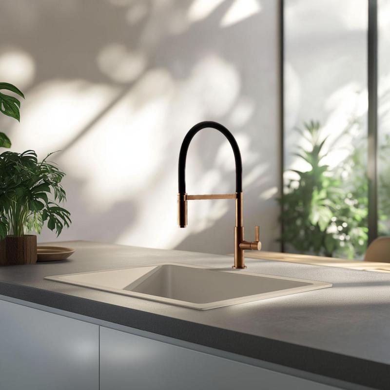 GraniteMy Universal Granit- Spülbecken 50x40 cm, Sandbeige, Aufpliegend, flächenbündig und Unterbau, mit Kupferstecker 1208967221