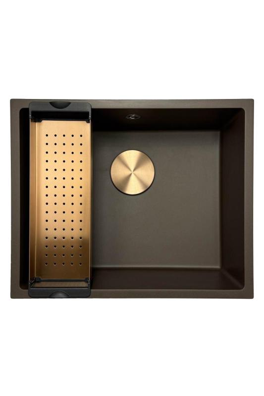 GraniteMy Universal Granit-Spülbecken 50x40 cm, Café, Aufliegend, flächenbündig und Unterbau, mit Kupferstecker 1208967229