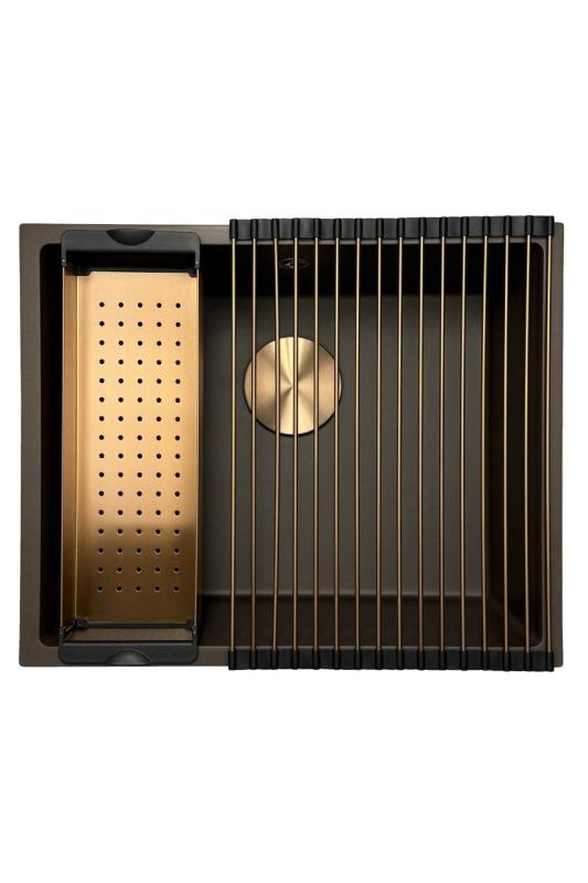 GraniteMy Universal Granit-Spülbecken 50x40 cm, Café, Aufliegend, flächenbündig und Unterbau, mit Kupferstecker 1208967229