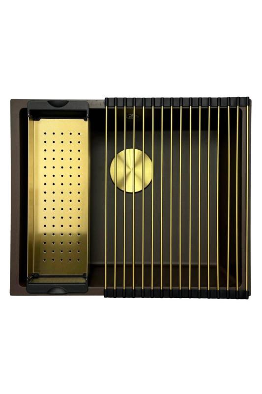 GraniteMy Universal Granit-Spülbecken 50x40 cm, Café, Aufliegend, flächenbündig und Unterbau, mit Goldstecker 1208967230