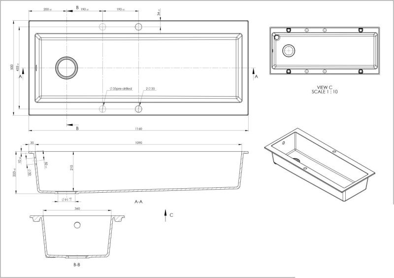 GraniteMy Trog Granitspüle, sehr großes schwarzes Spülbecken 116x50 cm, schwarz, Aufsatz mit Armaturenbank und schwarzem Stöpsel 1208967237
