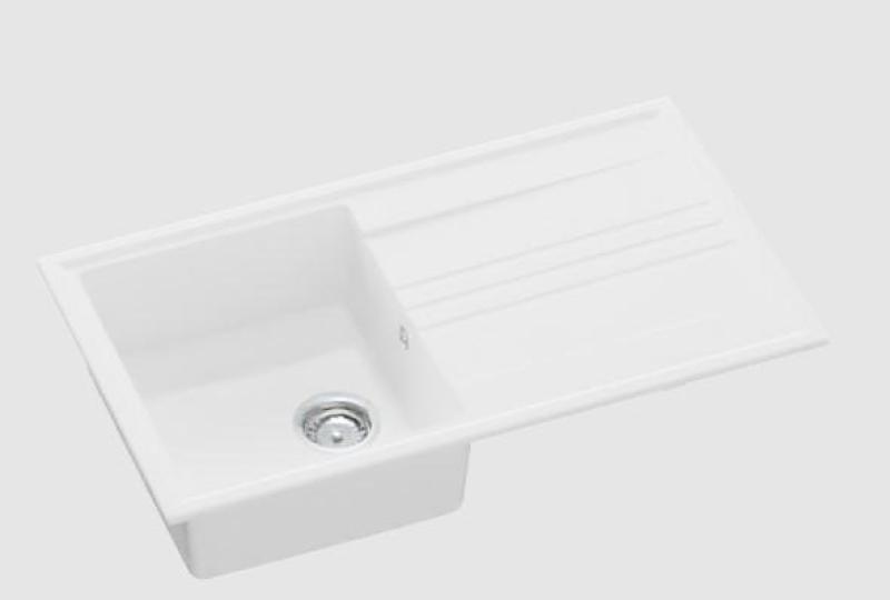 GraniteMy Vesi Granit Aufbau weißes Spülbecken 86x50cm mit Abtropffläche umkehrbar mit Edelstahlstopfen 1208967291