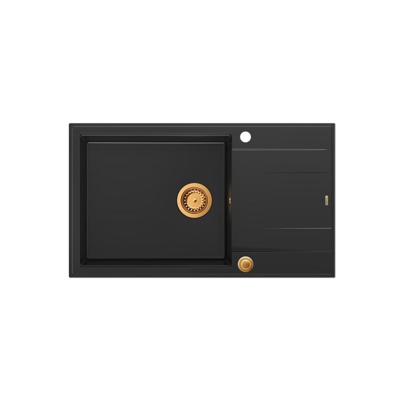 Quadri Luton schwarze Granit-Spüle mit großem Abtropffläche, umkehrbar, 86x50 cm, mit Kupferstopfen 1208967326.