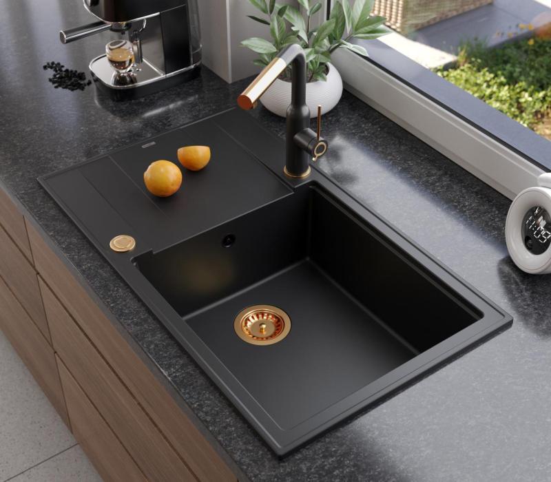 Quadri Luton schwarze Granit-Spüle mit großem Abtropffläche, umkehrbar, 86x50 cm, mit Kupferstopfen 1208967326.