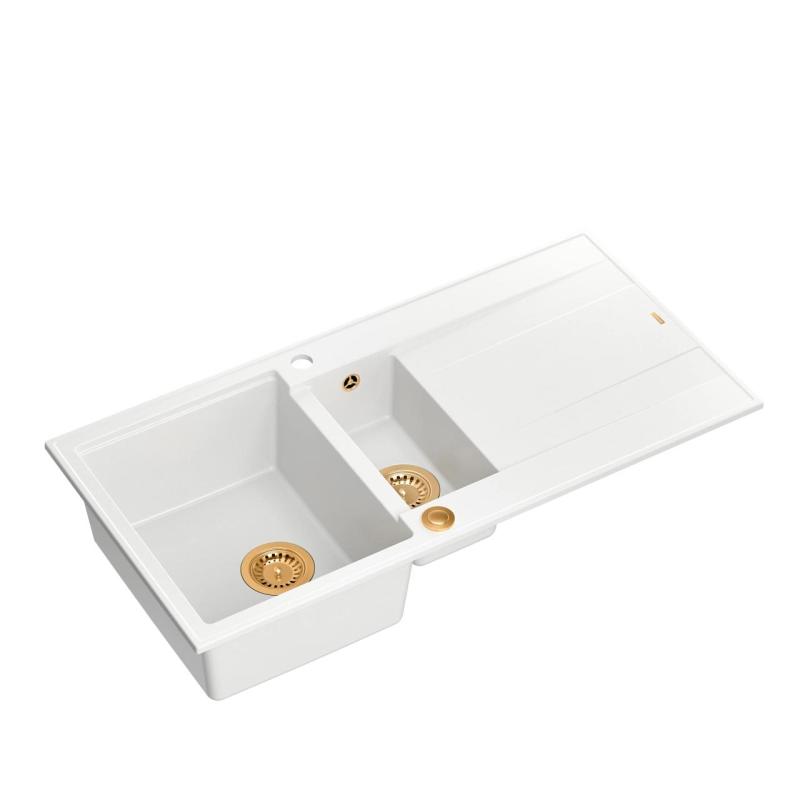 Quadri Luton weißes Granit-Aufbaubecken 1,5 Spülbecken mit Abtropffläche, umkehrbar 100x50cm mit Kupferstopfen 1208967349