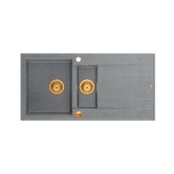 Quadri Luton grauer Granit Aufsatzspüle 1,5 Becken mit Abtropffläche, umkehrbar 100x50cm mit Kupferstopfen 1208967352