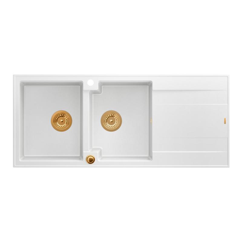 Quadri Luton Einbau-Doppelspüle aus Granit, Weiß, mit Abtropffläche, 116x50 cm, mit Kupferstopfen 1208967359