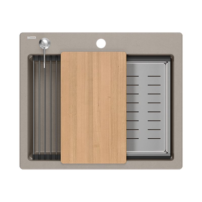 Quadri Durham taupe Granit Aufbauspüle 595x500 mit Seifenspender, Schneidebrett, Einlegebecken und Rollmatte 1208967376