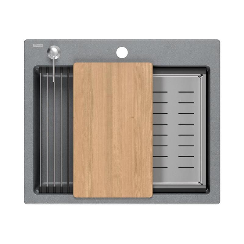 Quadri Durham grauer Granit-Aufbauspüle 595x500 mit Seifenspender, Schneidebrett, Einsatzbecken und Rollmatte 1208967378