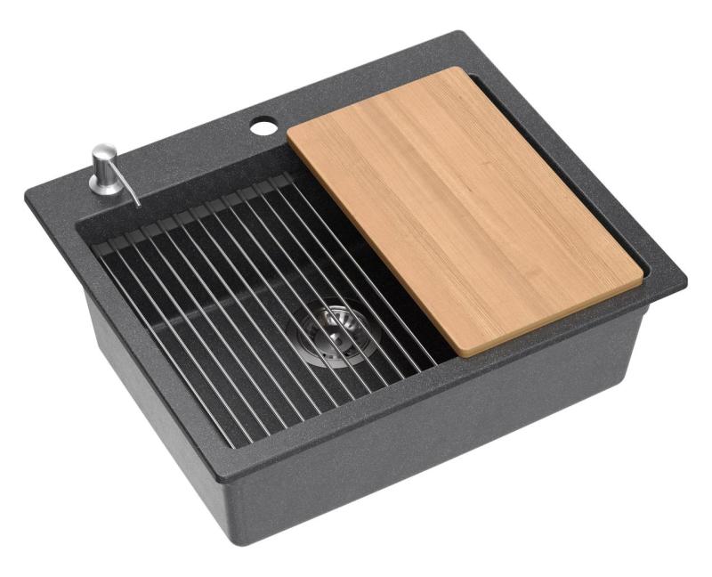 Quadri Durham Anthrazit Granit Aufbauspüle 595x500 mit Seifenspender, Schneidebrett, Einsatzbecken und Rollmatte 1208967379