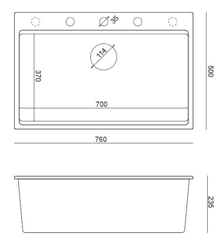 Quadri Hard Rock grauer Granit Aufsatz großes Spülbecken 76x50cm inklusive Edelstahlstopfen und Zubehör 1208967430