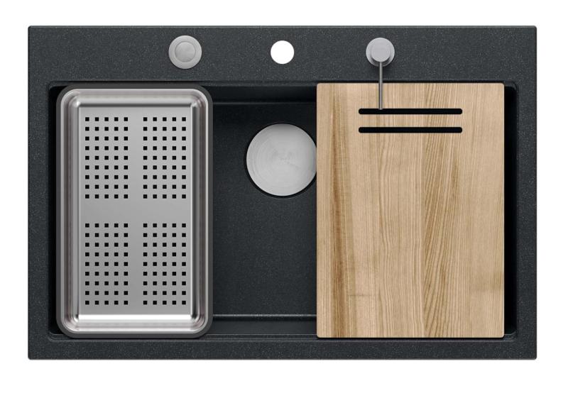 Quadri Hard Rock anthrazit Granit Aufsatzspüle groß 76x50cm inklusive Edelstahlstopfen und Zubehör 1208967442