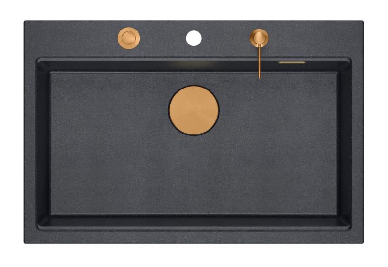 Quadri Hard Rock Anthrazit Granit Aufsatzspüle große Spüle 76x50cm inklusive Kupferstopfen und Zubehör 1208967445