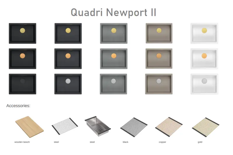 Quadri Newport II Granit Unterbauspüle Grau 560x450mm mit Edelstahlstopfen und Abdeckkappe 1208967456