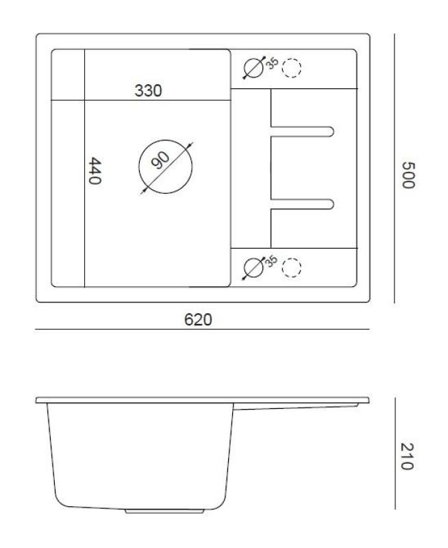 Quadri Dalton schwarze Granit-Aufbauspüle mit Abtropffläche 62x50cm mit goldenem Stöpsel 1208967568