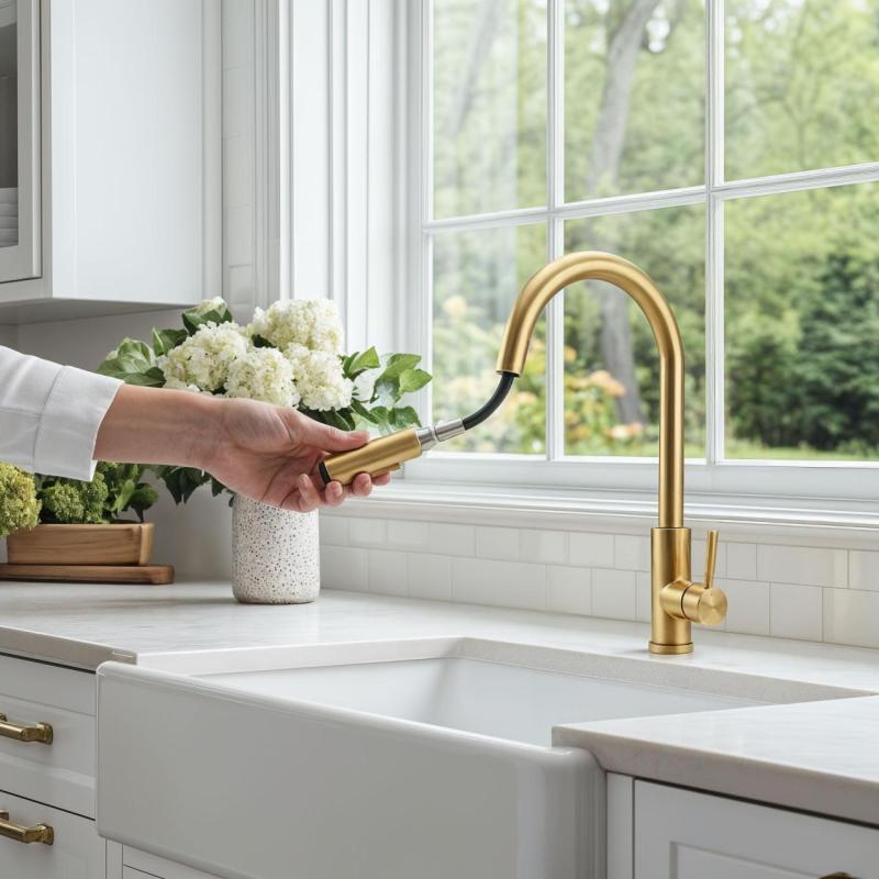 Pure.Sink Elite Steel Stream-S Küchenarmatur PVD gebürstetes Gold mit ausziehbarem Auslauf PS8045-60.
