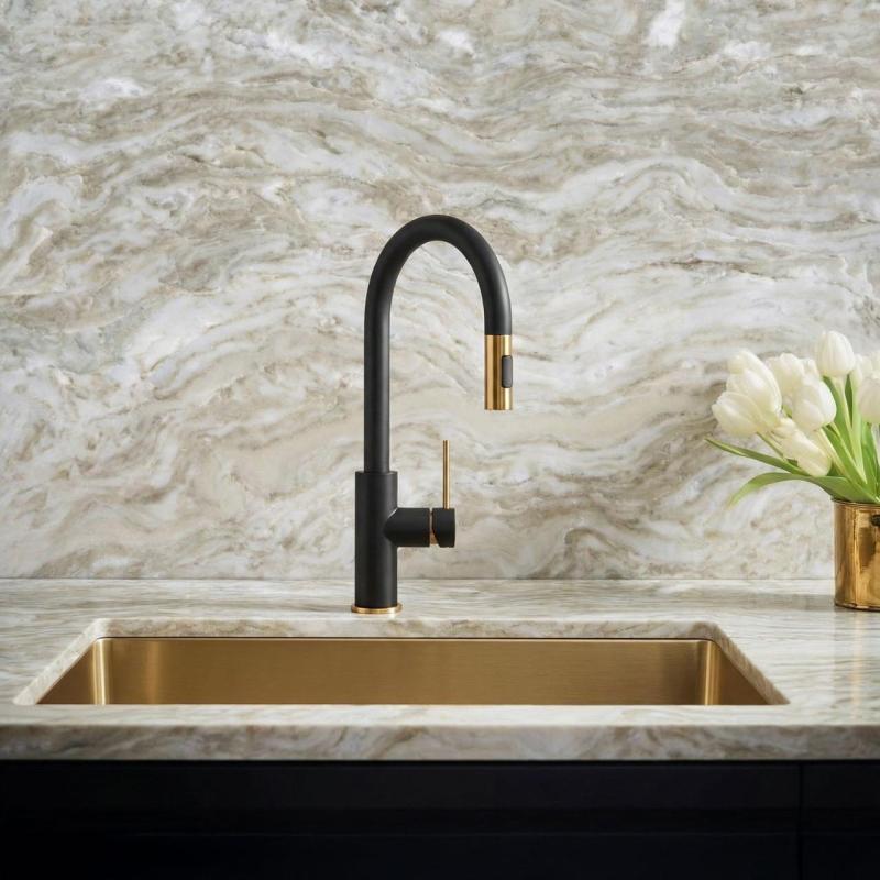 Quadri Retford Küchenarmatur Schwarz mit Goldener Veredelung und Herausziehbarem Auslauf mit Sprühfunktion 1208967677