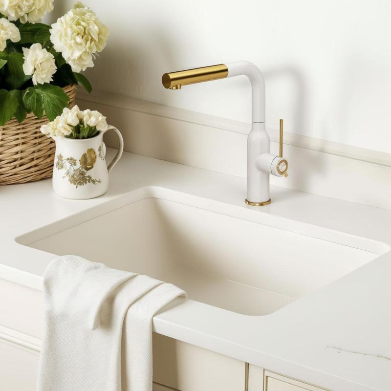 Quadri Stamford Küchenarmatur Weiß mit PVD Gold Finish und Ausziehbarem Auslauf 1208967686